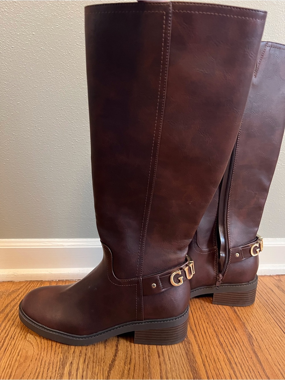 Guess Tall Riding Boots in Dark Brown with Gold Accent